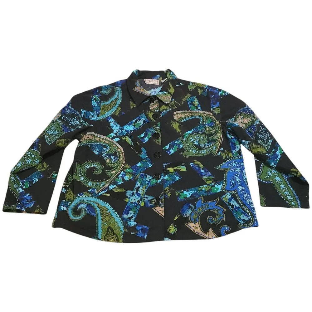 Life Style Woman Black Teal Green Gold Paisley Printed Jacket 1X - Picture 4 of 16